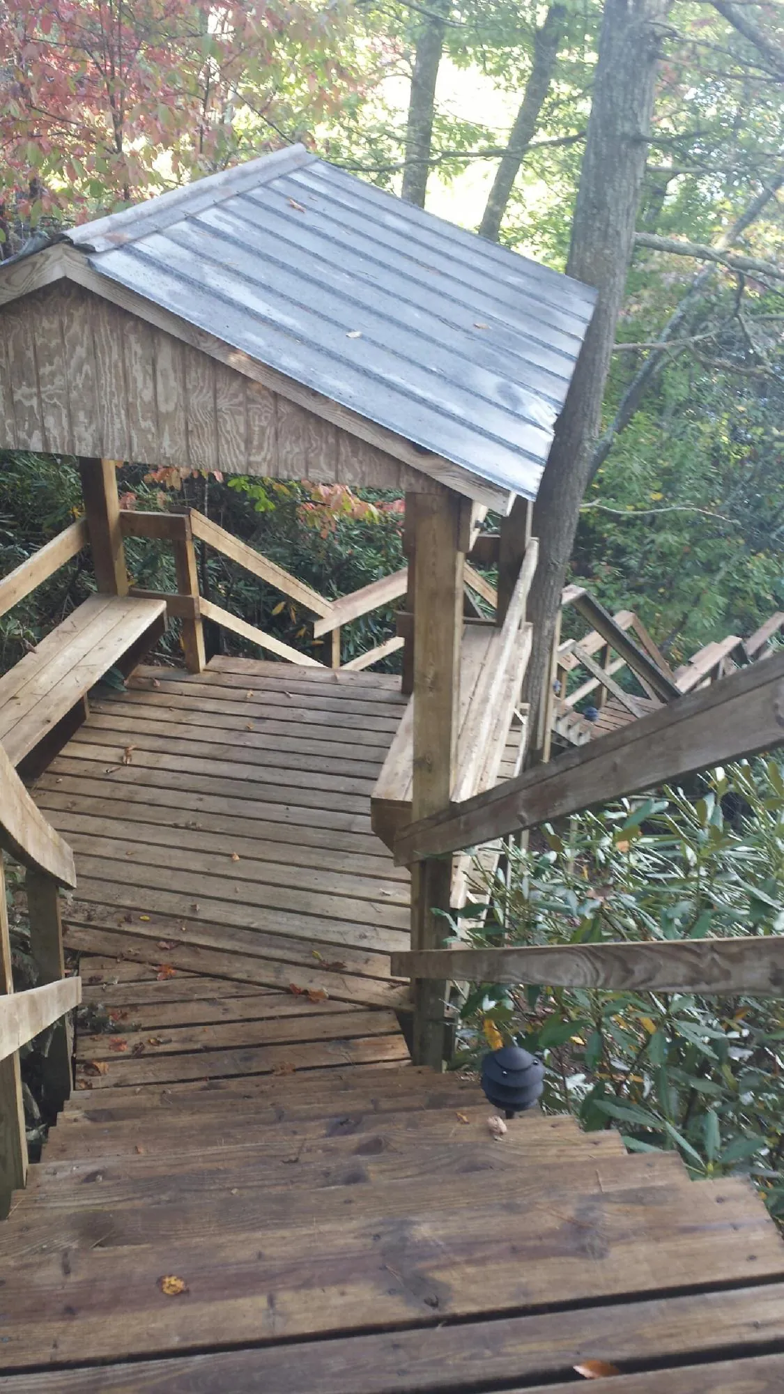 Metal roofed shelter over wooden steps on a wooded walkway — Skylight Repair & Installation work by our crew in Rolling Meadows